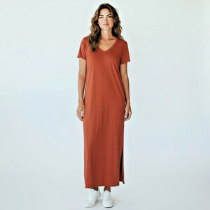 NWT Soya Concept Burnt Orange Clay V Neck Maxi T Shirt Dress XXL Scandi Boho